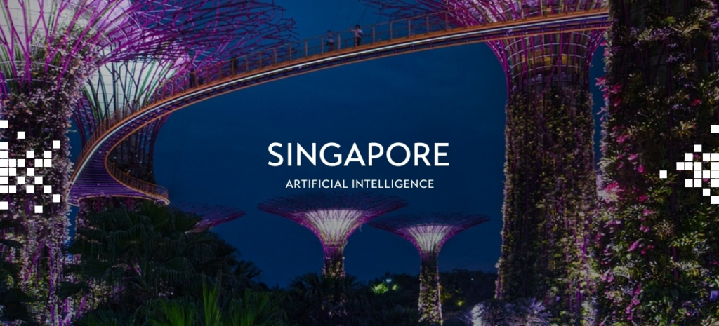 image showing text of Singapore Artificial Intelligence with a night time background and glowing lights
