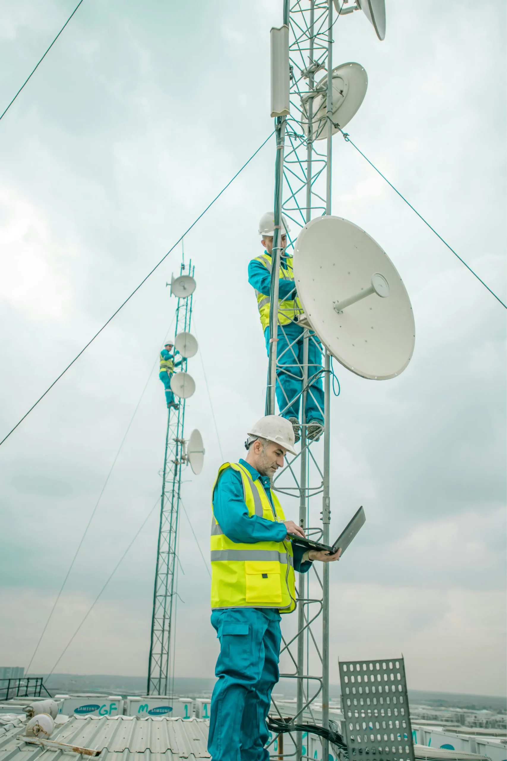 Network engineer configuring routers and telecommunications infrastructure